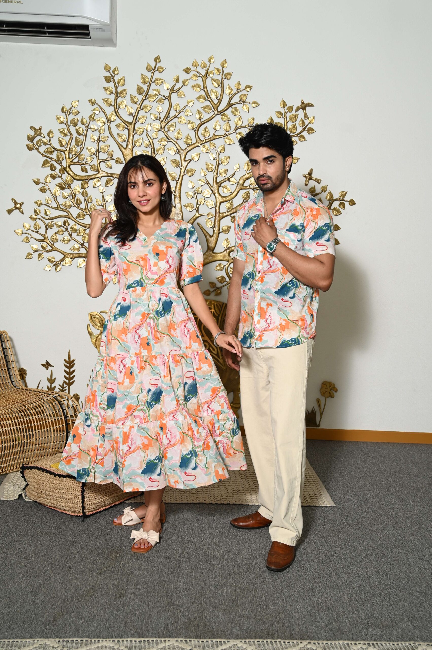 Couple Matching Abstract Print Cotton Anarkali Midi Dress & Shirt Set ? Multicolor Summer Outfit - Image 2