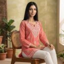 Women's  Chikankari Modal Kurtis with  Threadwork, Notched Neckline and Full Sleeves - Coral Pink