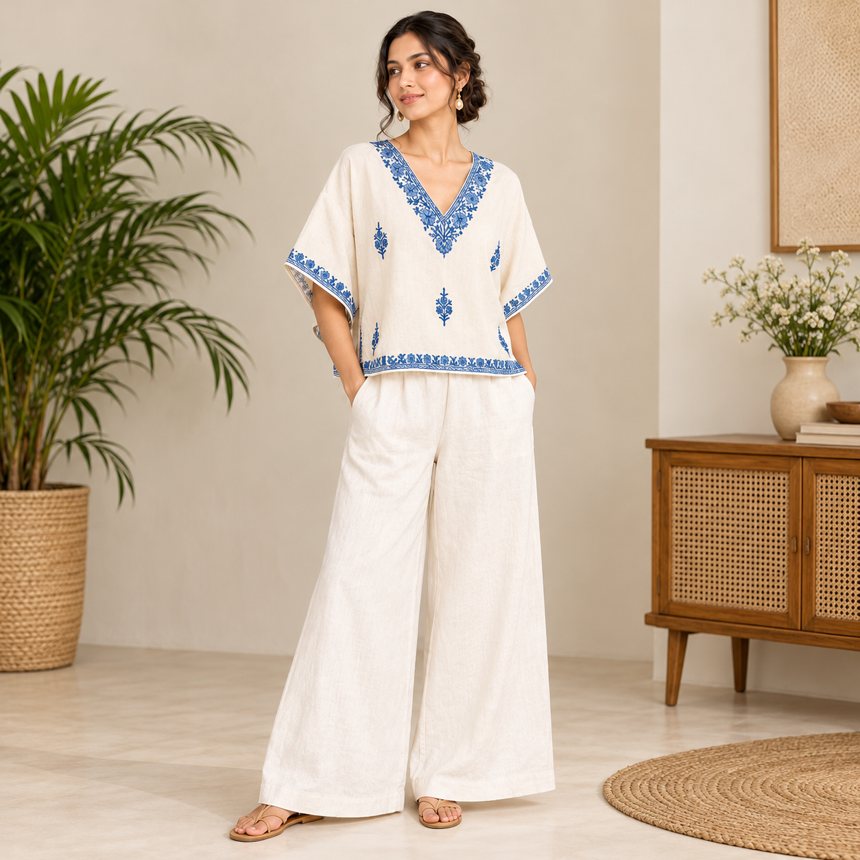 Women's Cotton Linen Co-Ord Set with Floral Embroidered kashmiri Kaftan Top & Wide-Leg Pants