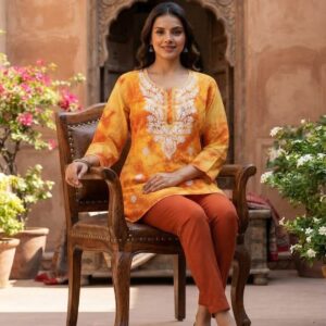 Orange and Yellow Chikankari Embroidered Women's Kurti – Rayon Cotton