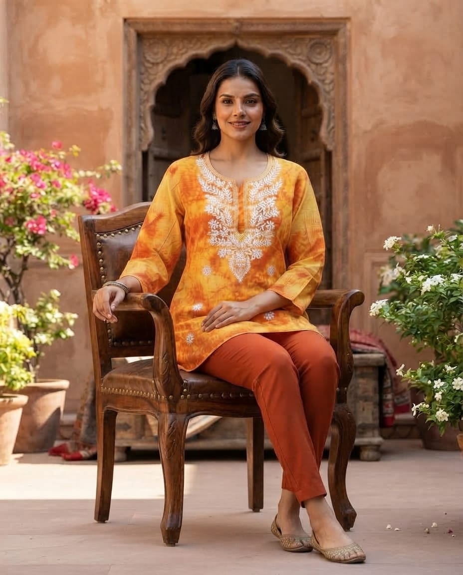 Orange and Yellow Chikankari Embroidered Women's Kurti β Rayon Cotton