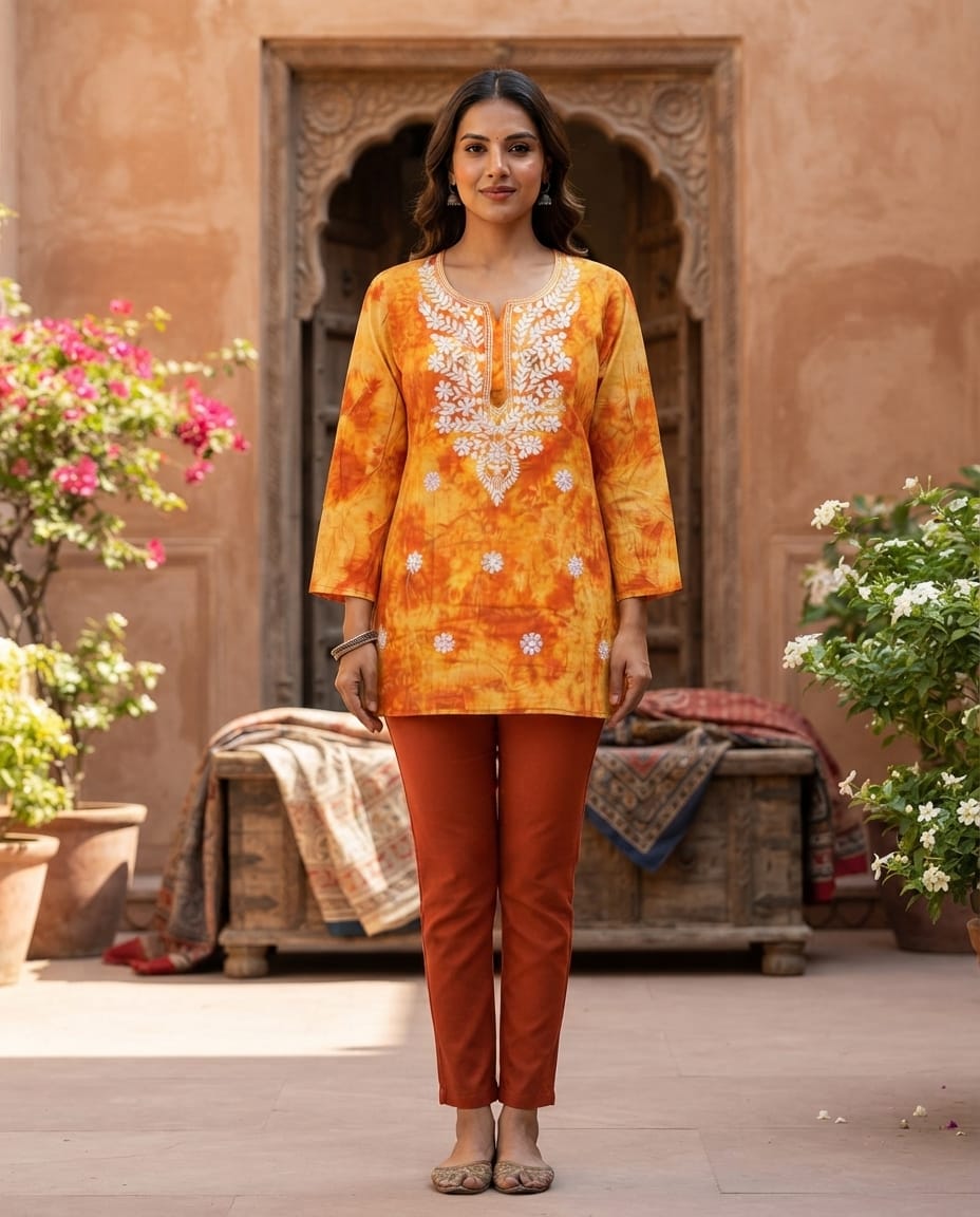 Orange and Yellow Chikankari Embroidered Women's Kurti β Rayon Cotton - Image 3