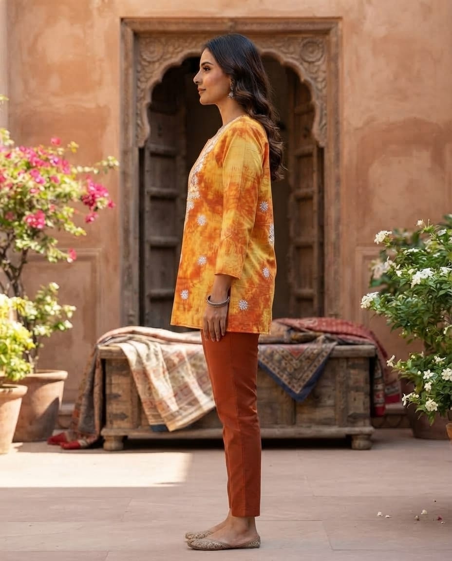 Orange and Yellow Chikankari Embroidered Women's Kurti β Rayon Cotton - Image 2