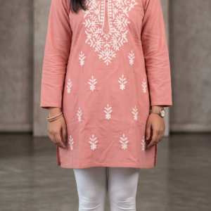 Women's Pink Rayon Chikankari Kurti with White Embroidery