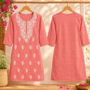 Women's  Chikankari Modal Kurtis with  Threadwork, Notched Neckline and Full Sleeves - Mauve Pink