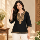 Women's Kashmiri Kurtis with Floral Neck Work & 3/4 Sleeves (Embroidery - Black/Antique Gold