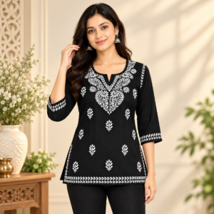 Women's  Floral Chikankari Cotton Kurti with 3/4 Sleeves and  Thread Work