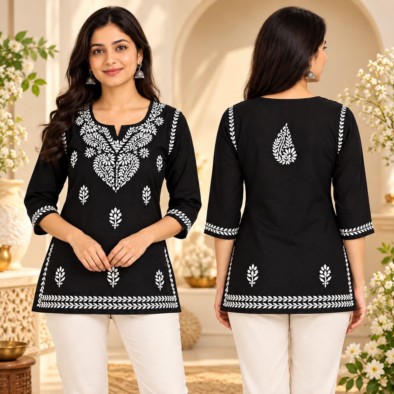 Women's Floral Chikankari Cotton Kurti with 3/4 Sleeves and Thread Work - Image 2