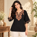Women's Kashmiri Kurtis with Floral Neck Work & 3/4 Sleeves (Embroidery - Black/ Champagne Gold