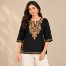 Women's Kashmiri Kurtis with Floral Neck Work & 3/4 Sleeves (Embroidery - Black/Golden