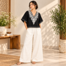 Women's  Cotton Linen Co-Ord Set with Floral Embroidered kashmiri Kaftan Top & Wide-Leg Pants - Black