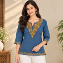 Women's Kashmiri Kurtis with Floral Neck Work & 3/4 Sleeves (Embroidery - Slate Blue