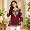 Women's Kashmiri Kurtis with Floral Neck Work & 3/4 Sleeves (Embroidery - Wine Maroon