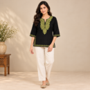 Women's Kashmiri Kurtis with Floral Neck Work & 3/4 Sleeves (Embroidery - Black/Olive Green