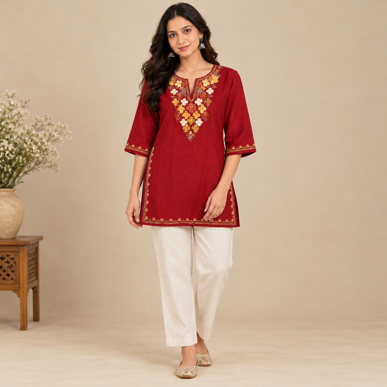 Women's Kashmiri Kurtis with Floral Neck Work & 3/4 Sleeves (Embroidery