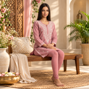 Women's  Chikankari Modal Kurtis with  Threadwork, Notched Neckline and Full Sleeves