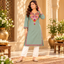 Women's Kashmiri Kurtis with Floral Neck Work & 3/4 Sleeves (Embroidery - Sage Green