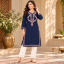 Women's Kashmiri Kurtis with Floral Neck Work & 3/4 Sleeves (Embroidery - Deep Navy Blue