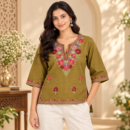 Women's Kashmiri Kurtis with Floral Neck Work & 3/4 Sleeves (Embroidery - Olive Brown