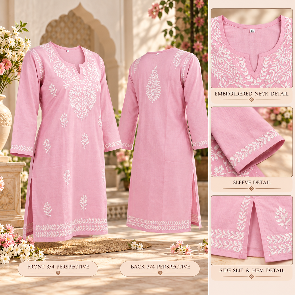 Women's Chikankari Modal Kurtis with Threadwork, Notched Neckline and Full Sleeves - Image 2