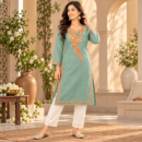 Women's Kashmiri Kurtis with Floral Neck Work & 3/4 Sleeves (Embroidery - Mint Green