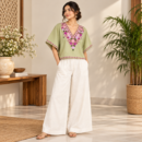 Women's  Cotton Linen Co-Ord Set with Floral Embroidered kashmiri Kaftan Top & Wide-Leg Pants - Sage Green