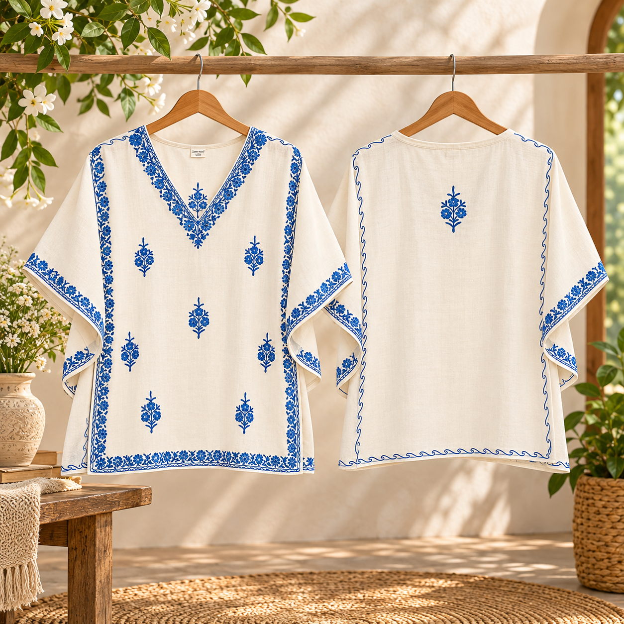 Women's Cotton Linen Co-Ord Set with Floral Embroidered kashmiri Kaftan Top & Wide-Leg Pants - Image 2