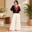 Women's  Cotton Linen Co-Ord Set with Floral Embroidered kashmiri Kaftan Top & Wide-Leg Pants - Deep Black