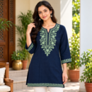 Women's Kashmiri Kurtis with Floral Neck Work & 3/4 Sleeves (Embroidery - Navy Blue