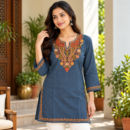 Women's Kashmiri Kurtis with Floral Neck Work & 3/4 Sleeves (Embroidery - Steel Blue/ Golden Yellow