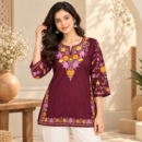 Women's Kashmiri Kurtis with Floral Neck Work & 3/4 Sleeves (Embroidery - Maroon