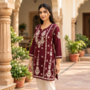 Women's  Chikankari Modal Kurtis with  Threadwork, Notched Neckline and Full Sleeves - Wine Maroon