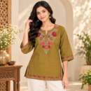 Women's Kashmiri Kurtis with Floral Neck Work & 3/4 Sleeves (Embroidery - Mustard Olive