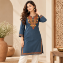 Women's Kashmiri Kurtis with Floral Neck Work & 3/4 Sleeves (Embroidery - Blue Grey