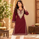 Women's Kashmiri Kurtis with Floral Neck Work & 3/4 Sleeves (Embroidery - Wine Maroon