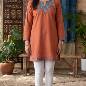 Kashmiri Embroidered Cotton Kurti – peach ( rust orange )
