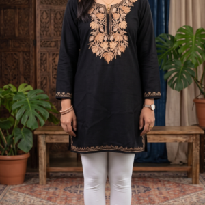 Kashmiri Embroidered Cotton Kurti – Black