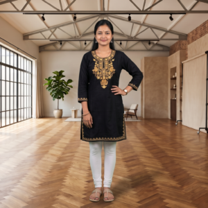 Kashmiri Embroidered Cotton Kurti – Black