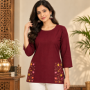 Women's Kashmiri Kurtis with Floral Neck Work & 3/4 Sleeves (Embroidery - Burgundy
