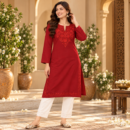 Women's Kashmiri Kurtis with Floral Neck Work & 3/4 Sleeves (Embroidery - Ruby Red