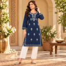 Women's Kashmiri Kurtis with Floral Neck Work & 3/4 Sleeves (Embroidery - Navy Blue