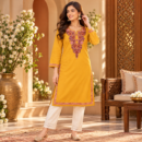 Women's Kashmiri Kurtis with Floral Neck Work & 3/4 Sleeves (Embroidery - Mustard Yellow