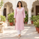 Women's  Chikankari Modal Kurtis with  Threadwork, Notched Neckline and Full Sleeves - Baby Pink