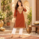 Women's Kashmiri Kurtis with Floral Neck Work & 3/4 Sleeves (Embroidery - Rust Orange