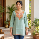 Women's Kashmiri Kurtis with Floral Neck Work & 3/4 Sleeves (Embroidery - Sage Green