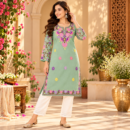 Women's Kashmiri Kurtis with Floral Neck Work & 3/4 Sleeves (Embroidery - Light Sage Green