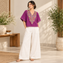 Women's  Cotton Linen Co-Ord Set with Floral Embroidered kashmiri Kaftan Top & Wide-Leg Pants - Magenta Purple