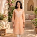 Women's  Chikankari Modal Kurtis with  Threadwork, Notched Neckline and Full Sleeves - Peach