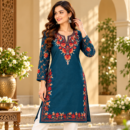 Women's Kashmiri Kurtis with Floral Neck Work & 3/4 Sleeves (Embroidery - Peacock Blue