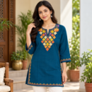 Women's Kashmiri Kurtis with Floral Neck Work & 3/4 Sleeves (Embroidery - Deep Teal Blue